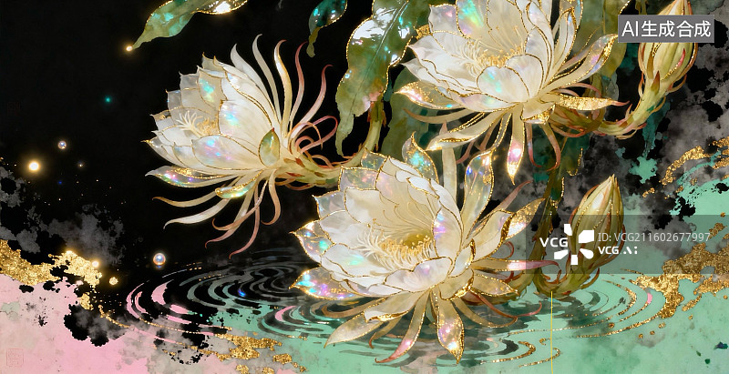 【AI数字艺术】金色昙花在水面上绽放图片素材