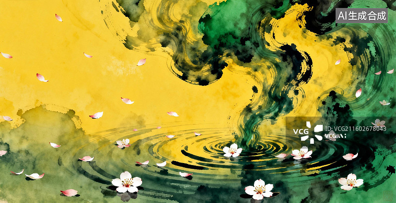 【AI数字艺术】水彩樱花涟漪艺术图片素材