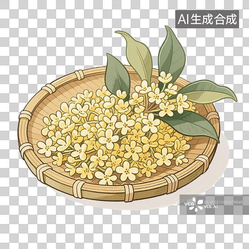 【AI数字艺术】3D渲染，簸箕里的桂花，传统美食，桂花，中秋节，传统节日，立秋，处暑，秋分，免抠元素图片素材