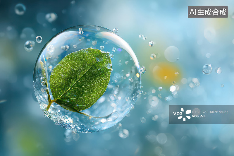 【AI数字艺术】透明水泡翠绿叶片自然微距特写图片素材