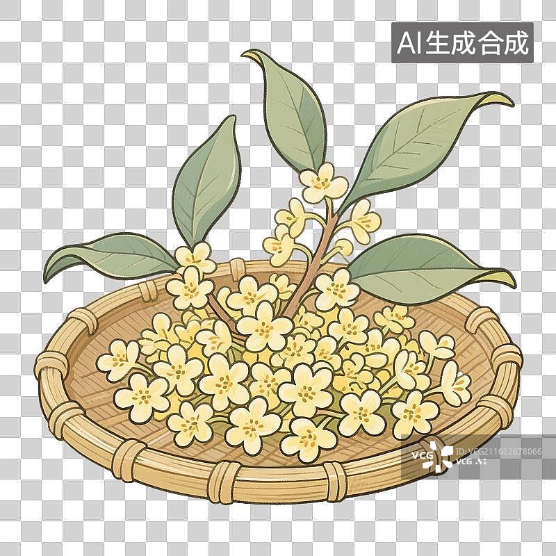 【AI数字艺术】3D渲染，簸箕里的桂花，传统美食，桂花，中秋节，传统节日，立秋，处暑，秋分，免抠元素图片素材