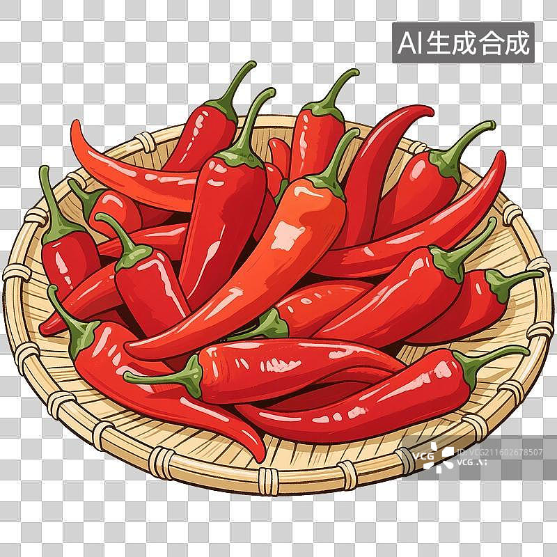 【AI数字艺术】手绘插画，新鲜辣椒，蔬菜，食材，丰收的菜椒，免抠元素图片素材