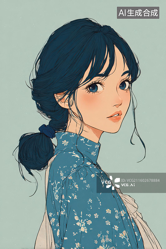 【AI数字艺术】蓝衣女子侧立温婉插画浅绿背景图图片素材