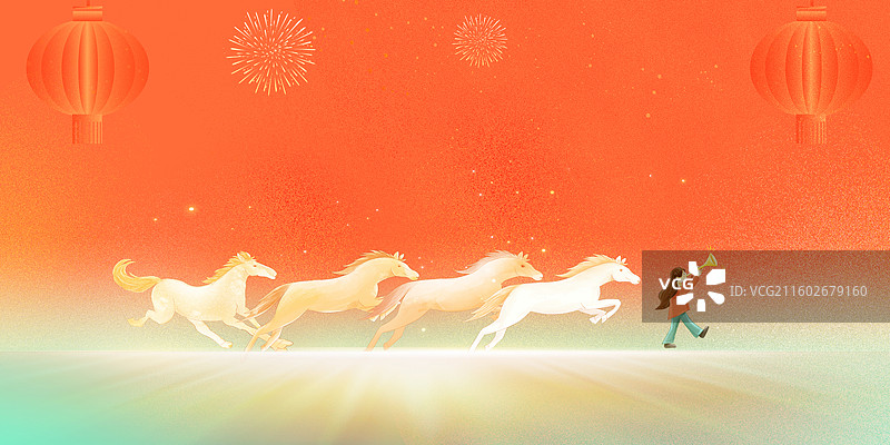 2026马年春节元旦创意插画 吹喇叭的女孩和一群奔跑的白马 迎新年贺岁国风年画 横版图片素材