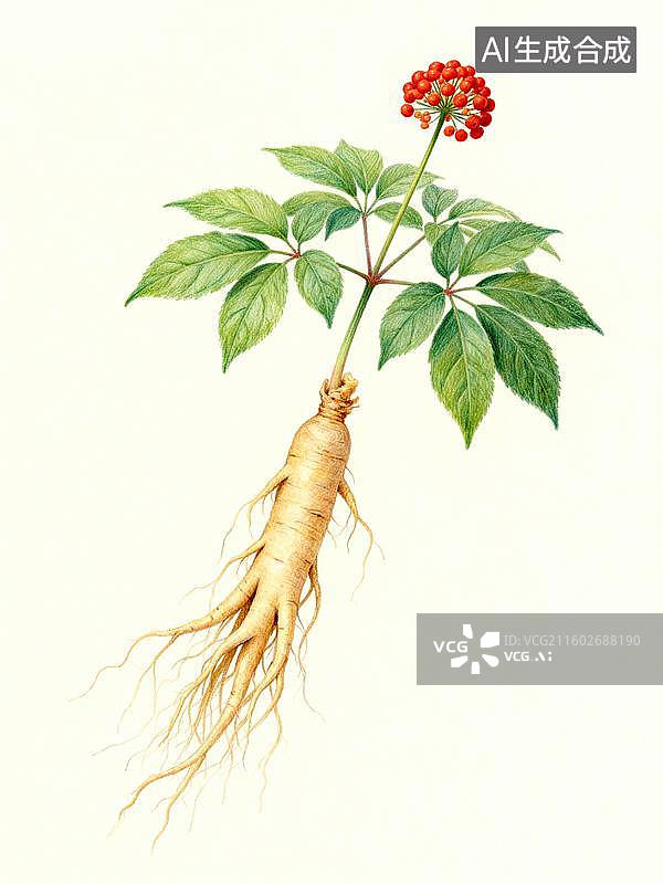 【AI数字艺术】中草药人参彩铅手绘插画图片素材