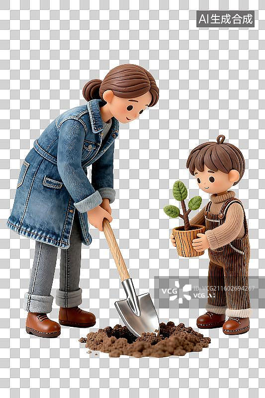 【AI数字艺术】母子共同参与植树活动图片素材