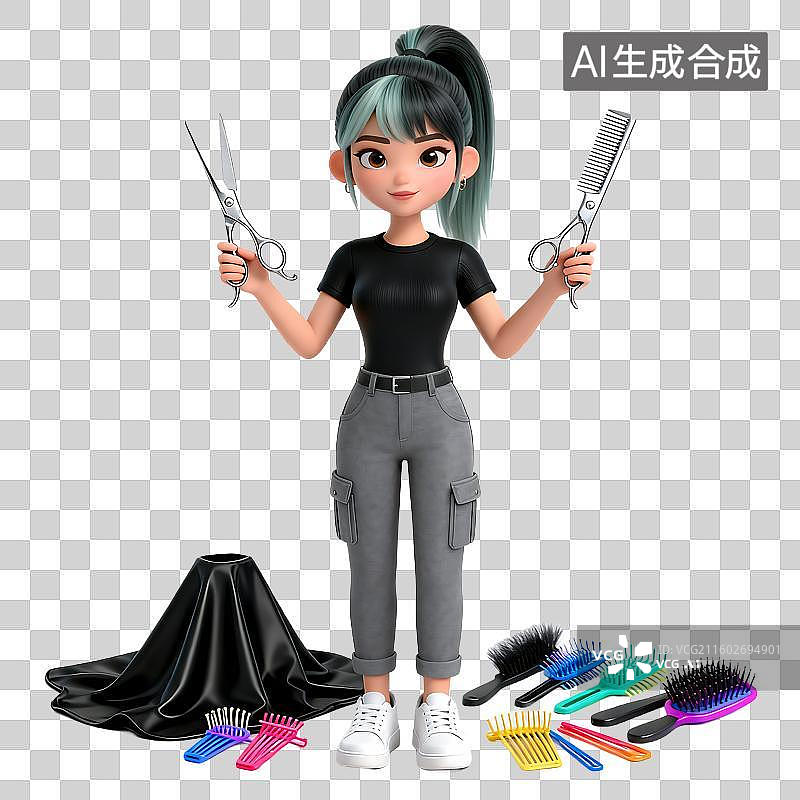 【AI数字艺术】卡通风格美发师与美发工具图片素材