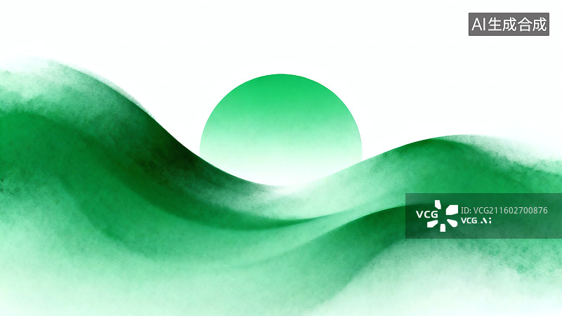 【AI数字艺术】绿色水彩波浪环绕太阳，形成和谐美丽的抽象图案图片素材
