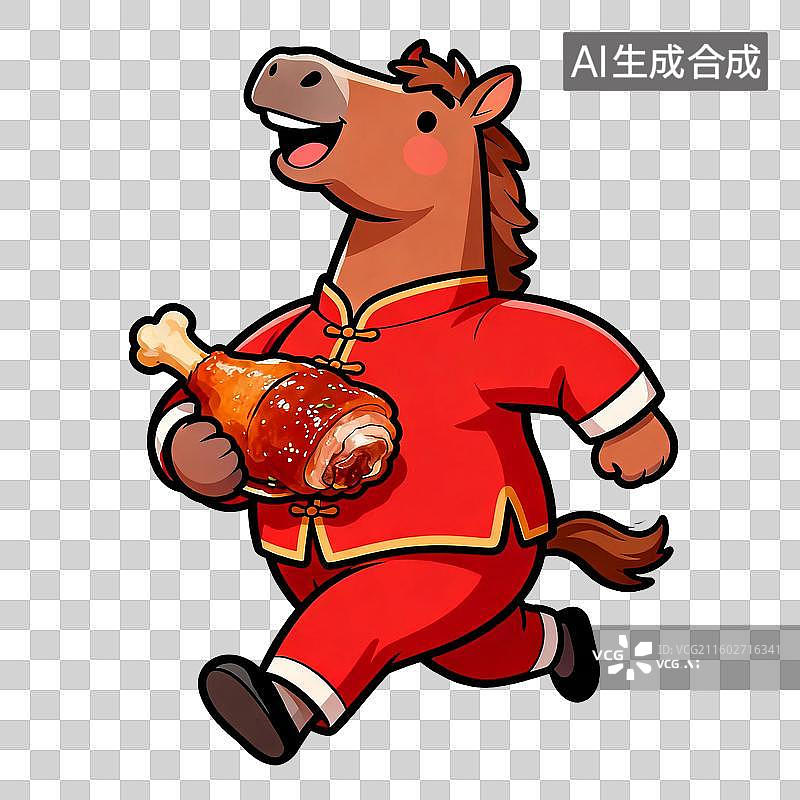 【AI数字艺术】穿红衣奔跑抱烤鸡腿的卡通马图片素材