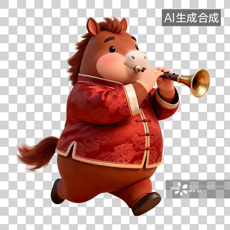 【AI数字艺术】穿着传统服饰吹喇叭的卡通马图片素材