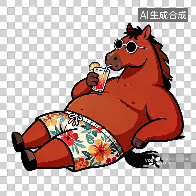 【AI数字艺术】穿花短裤喝饮料的棕色马图片素材