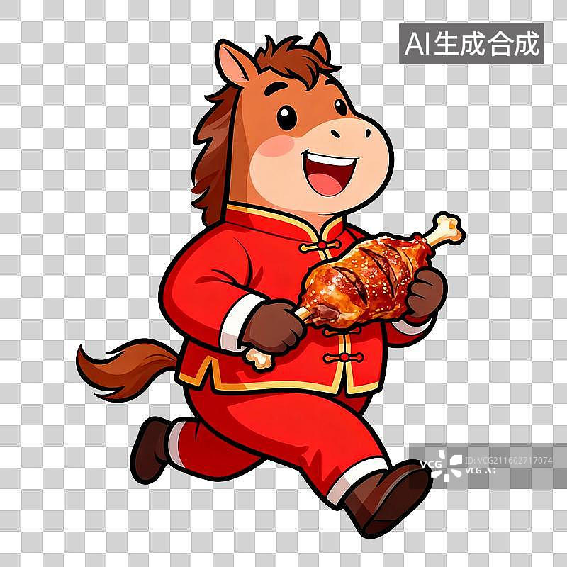 【AI数字艺术】穿着传统服饰的卡通马抱烤鸡腿图片素材