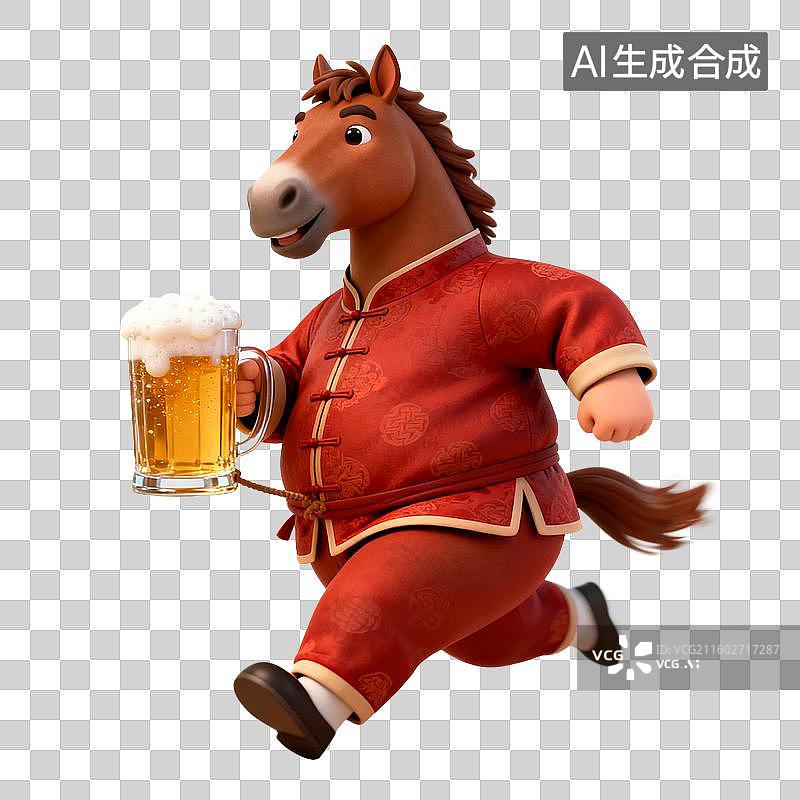 【AI数字艺术】穿中式服装的卡通马举啤酒图片素材