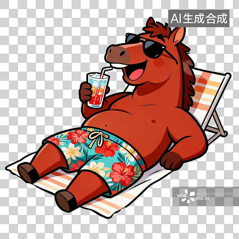 【AI数字艺术】夏日沙滩放松的卡通马图片素材