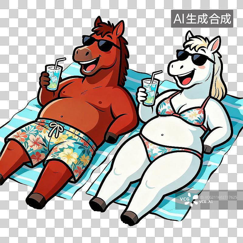 【AI数字艺术】两只卡通马沙滩休闲图片素材