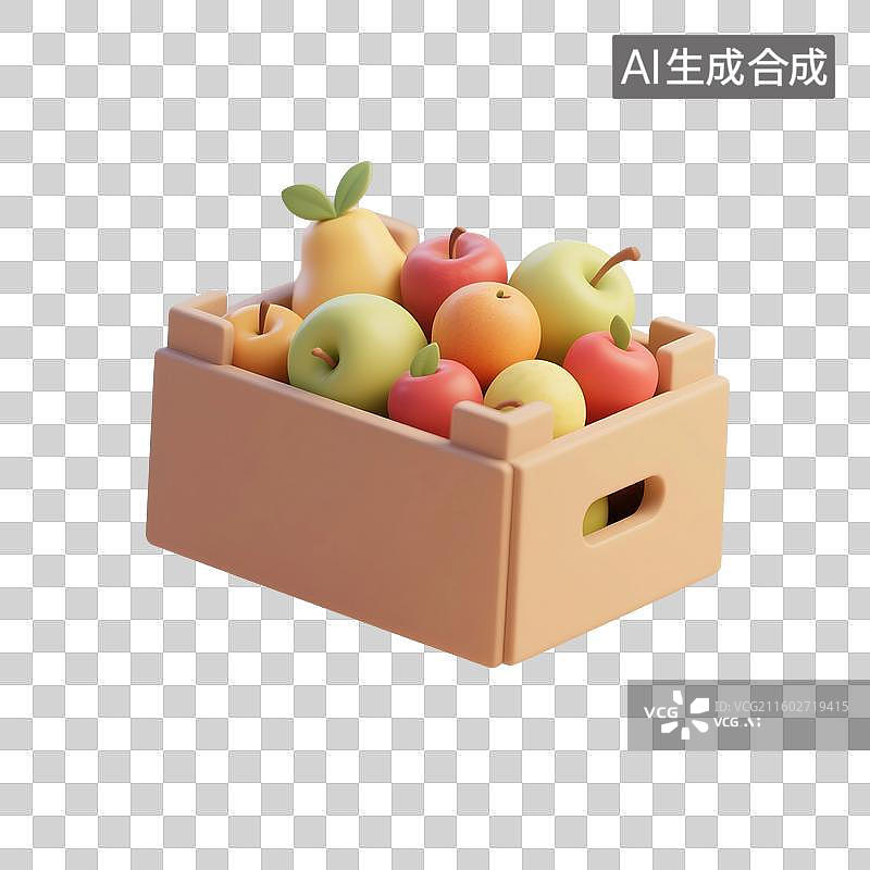 【AI数字艺术】3D渲染，一箱水果蔬菜，超级市场，购物，促销，免抠元素图片素材