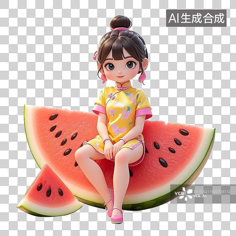 【AI数字艺术】3D渲染卡通人物，穿旗袍的小女孩坐在西瓜，夏天水果人物免抠元素图片素材