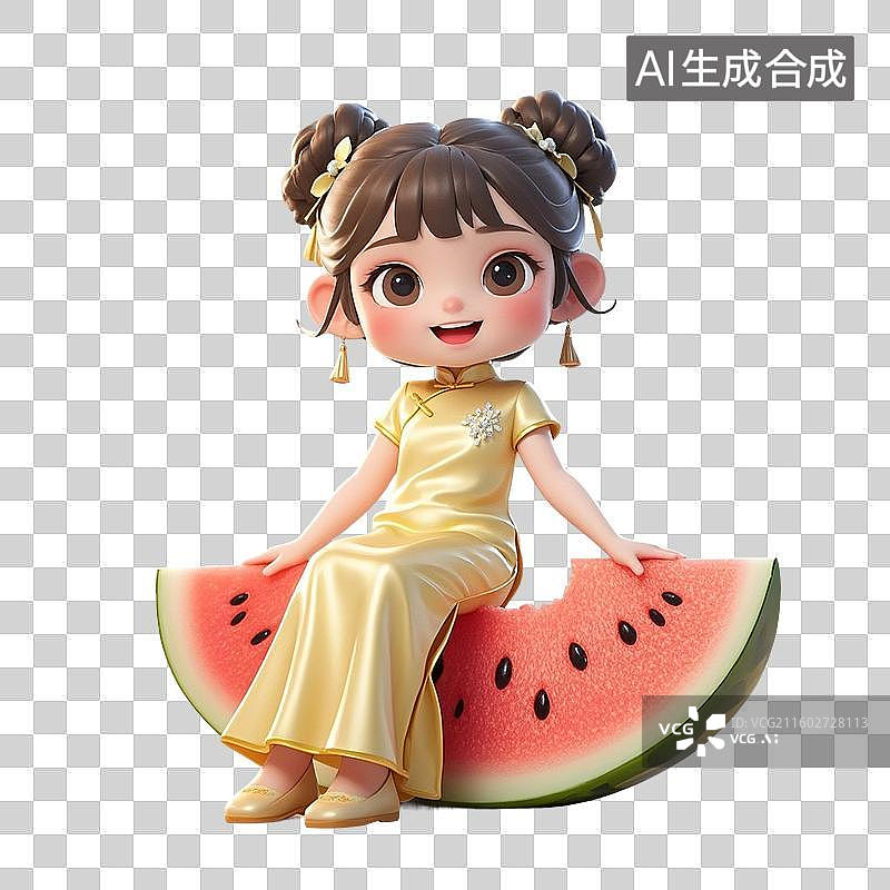 【AI数字艺术】3D渲染卡通人物，穿旗袍的小女孩坐在西瓜，夏天水果人物免抠元素图片素材