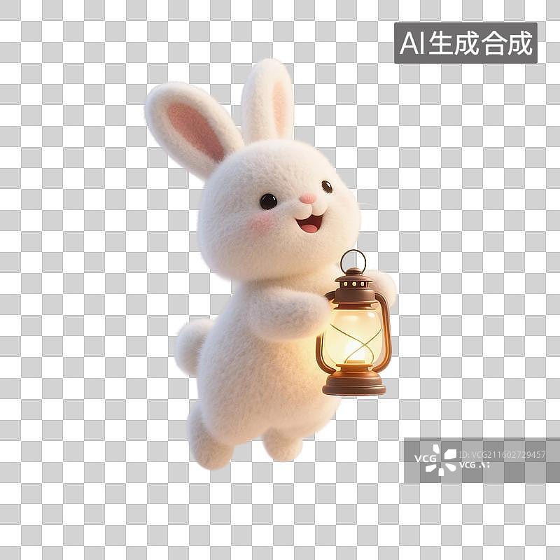 【AI数字艺术】3D渲染卡通动物，羊毛毡风格，可爱卡通小兔子，白兔拿着灯，玉兔，中秋节，八月十五免抠素材图片素材