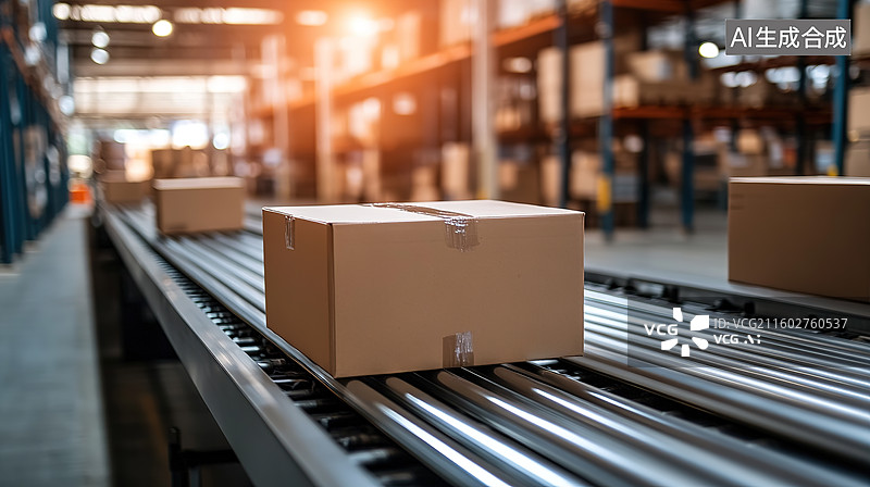 【AI数字艺术】传送带上的快递箱和仓储物流概念图片素材
