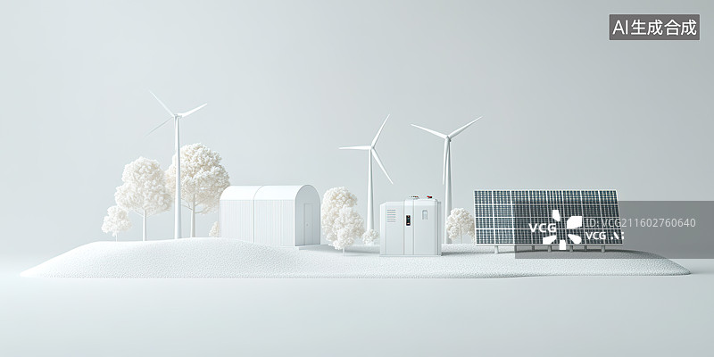 【AI数字艺术】风力发电机太阳能光伏电池板和储能电池新能源电力系统卡通插画图片素材