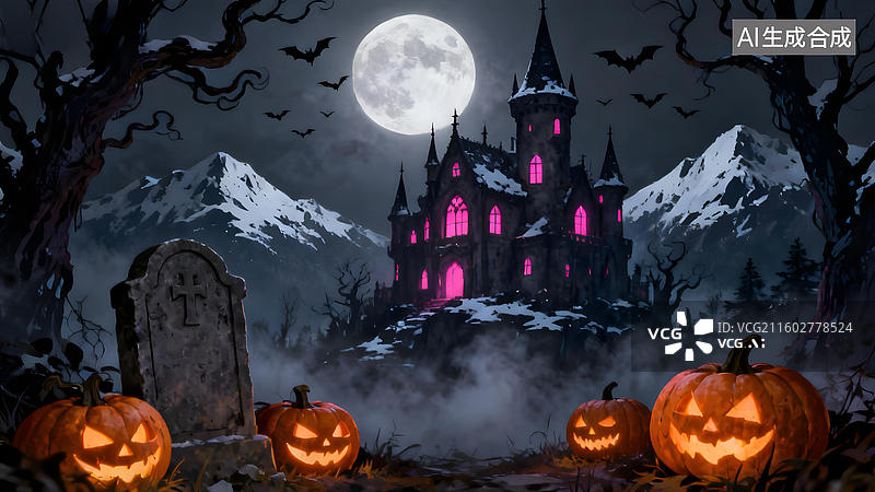 【AI数字艺术】万圣夜城堡与南瓜灯图片素材
