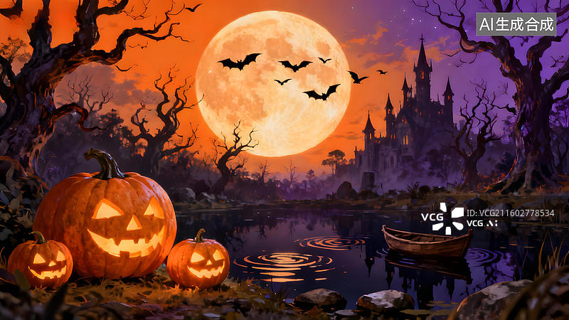 【AI数字艺术】万圣节夜景南瓜与古堡图片素材