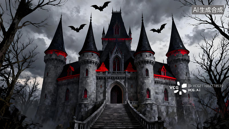 【AI数字艺术】阴森古堡与飞蝠夜景图片素材