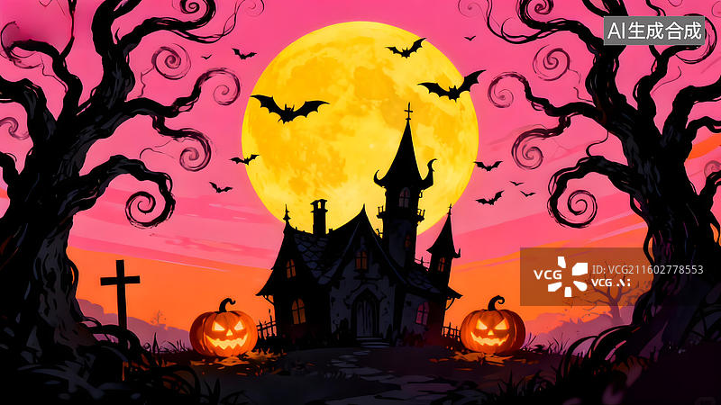 【AI数字艺术】万圣节夜景与鬼屋图片素材