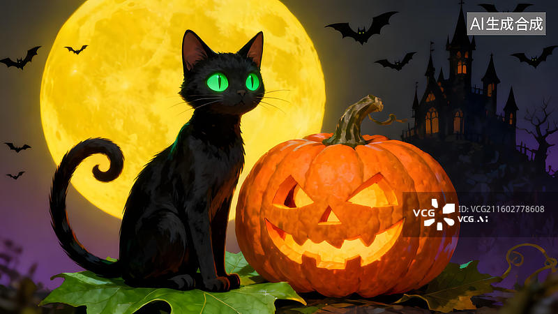 【AI数字艺术】黑猫与南瓜灯的万圣夜图片素材