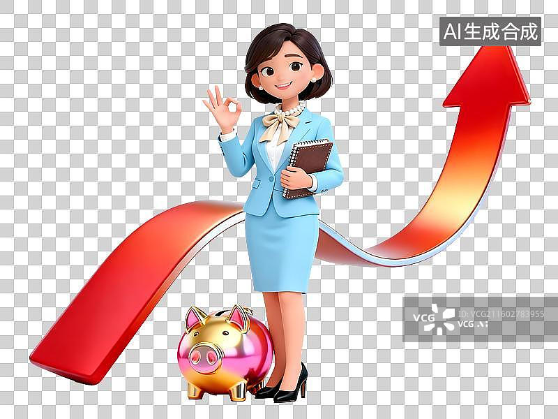 【AI数字艺术】3D理财顾问基金经理银行业服务在红色箭头图标数据前讲解年终收益图片素材