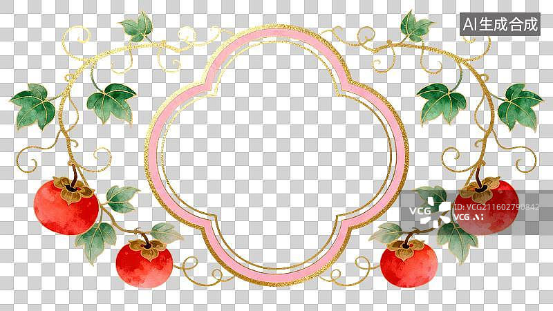 【AI数字艺术】中式金粉柿子枝叶传统吉祥圆形装饰边框图片素材