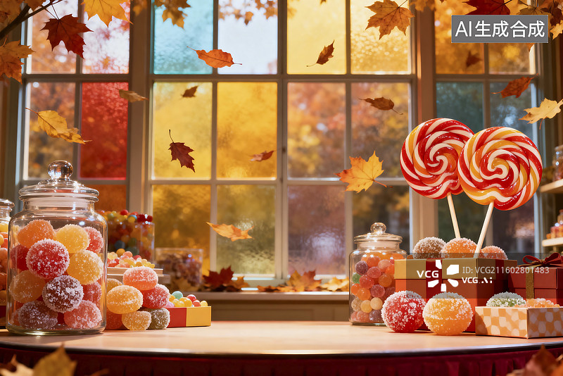 【AI数字艺术】窗前秋日氛围糖果展示图片素材