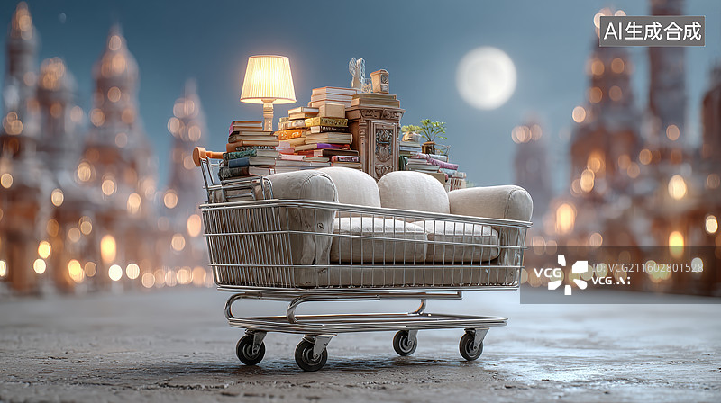 【AI数字艺术】购物车中的沙发与书籍图片素材