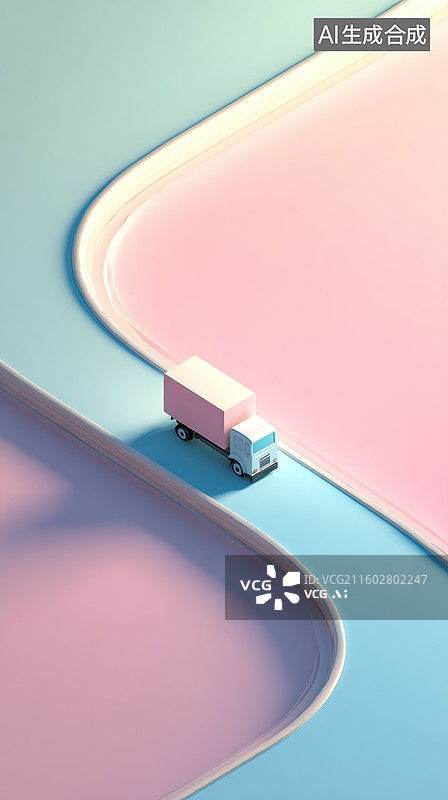 【AI数字艺术】粉色卡车行驶在曲线道路上图片素材