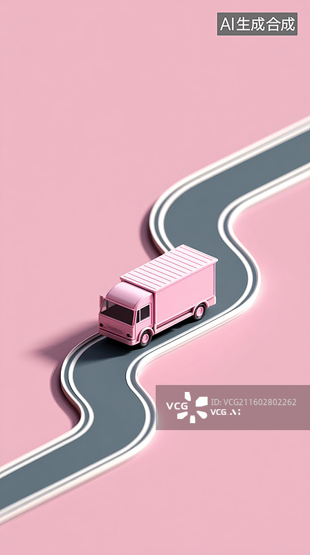 【AI数字艺术】粉色卡车行驶在弯曲道路上图片素材