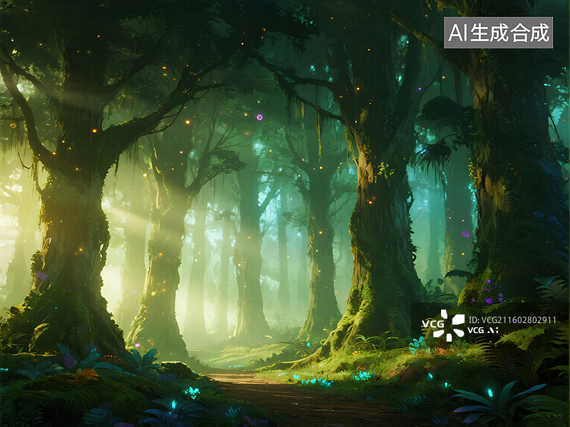 【AI数字艺术】光之秘境：奇幻森林的丁达尔效应图片素材