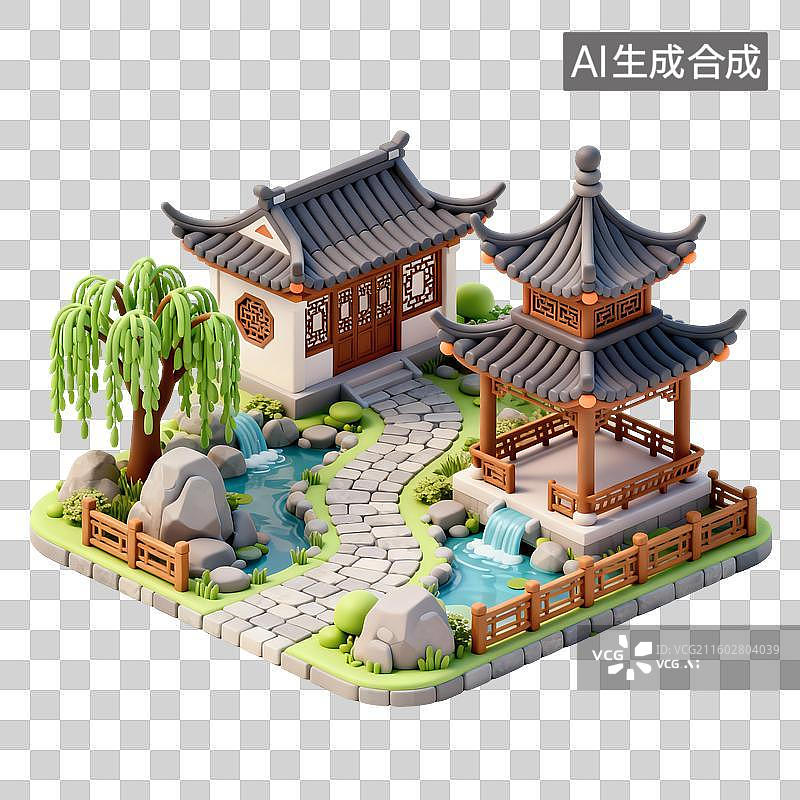 【AI数字艺术】春天中式园林建筑插画图片素材