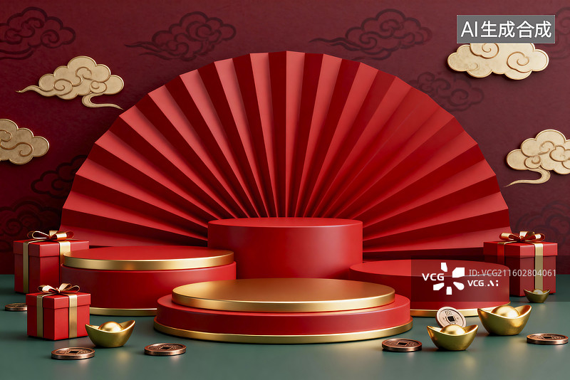 【AI数字艺术】红色喜庆新年展示场景图片素材