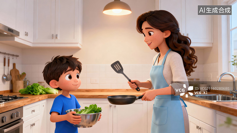 【AI数字艺术】母子厨房共同烹饪图片素材