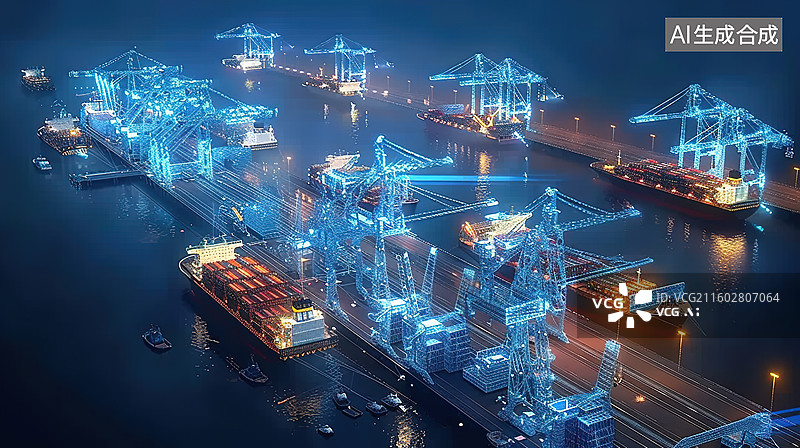 【AI数字艺术】自贸港港口邮轮码头集装箱外贸全球贸易经济金融运输数字数据模型图片素材