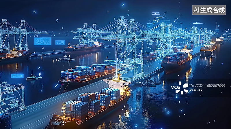 【AI数字艺术】自贸港港口邮轮码头集装箱外贸全球贸易经济金融运输数字数据模型图片素材