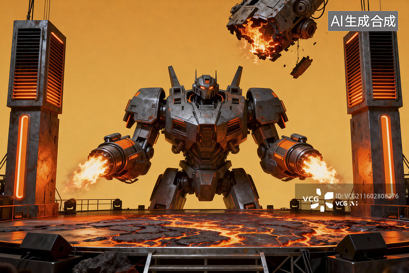 【AI数字艺术】熊熊火焰中的巨型机甲图片素材