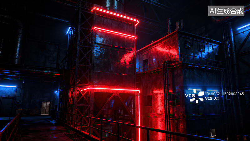 【AI数字艺术】工业风复古艺术的红蓝光机械管道工业场景图片素材