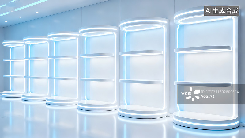 【AI数字艺术】科技感未来感极简艺术的白色展架蓝灯空间图片素材