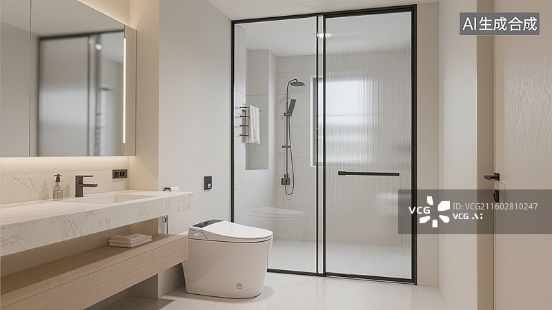 【AI数字艺术】现代住宅干湿分离厕所卫生间图片素材