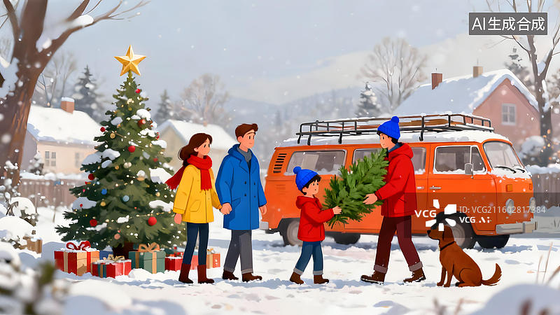 【AI数字艺术】雪地家庭搬运圣诞树图片素材