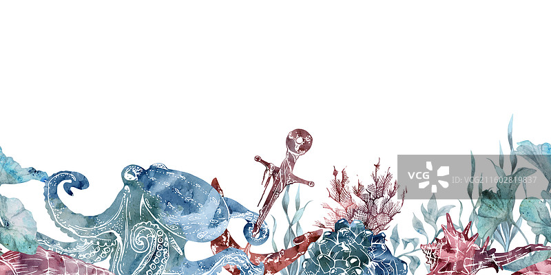 水彩和墨水手绘海洋生物海图片素材
