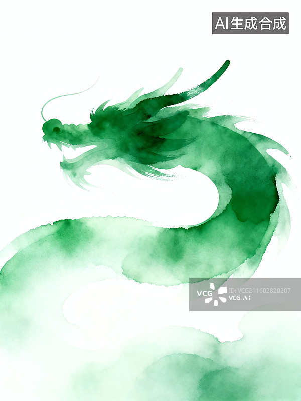 【AI数字艺术】绿色水墨龙在白色背景上盘旋，展现出传统艺术风格图片素材