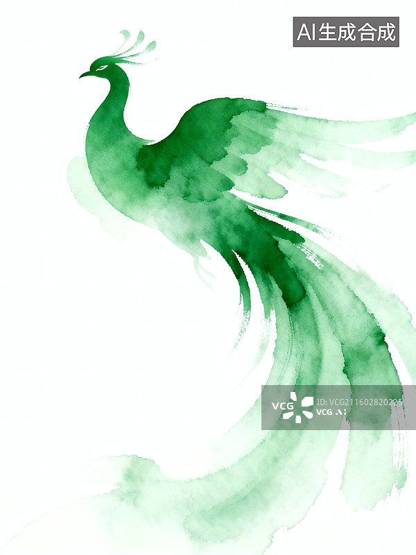 【AI数字艺术】绿色水墨风格凤凰，尾巴优雅展开，整体充满艺术气息图片素材